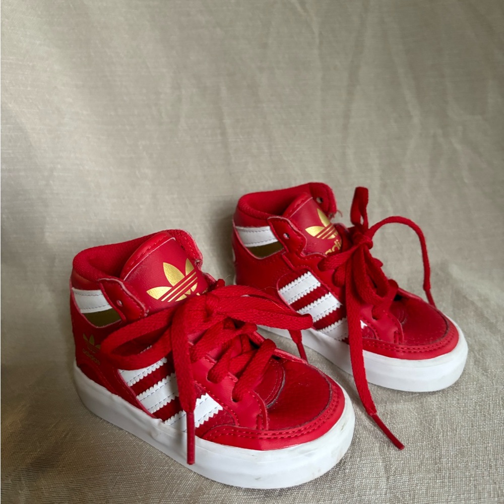 Adidas Baby Toddler Red High-Top Sneakers with White Stripes